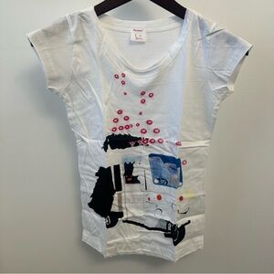 NEW Pre-Loved Brand White Cap Sleeves T-Shirt Abstract Car Raw Hem Women’s Small